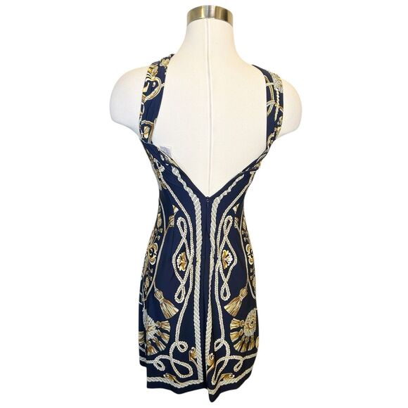 Cache VTG Rope Tassel Print Halter Dress XS Gold Metal Cinch Old Money Blue - Picture 4 of 5